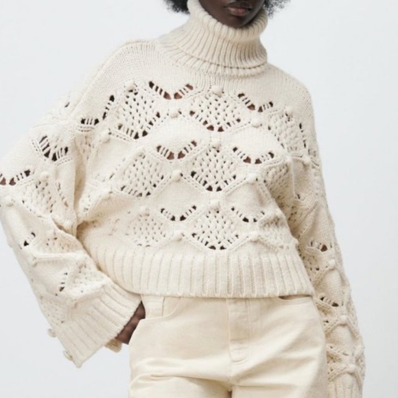 Zara oversized Turtleneck Pom Pom Cable Knit Sweater - Picture 8 of 10